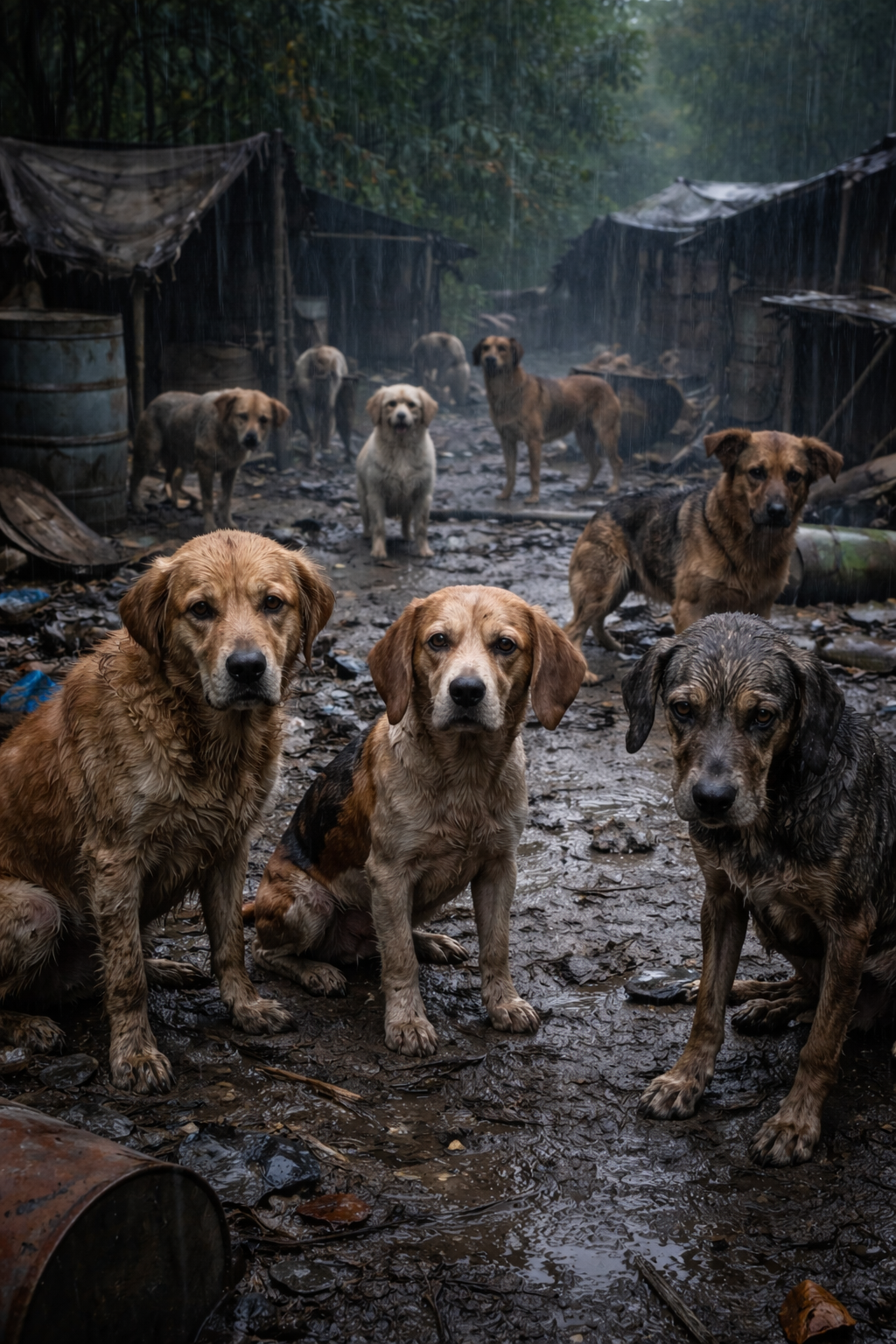 Caes abandonados na chuva precisando de ajuda